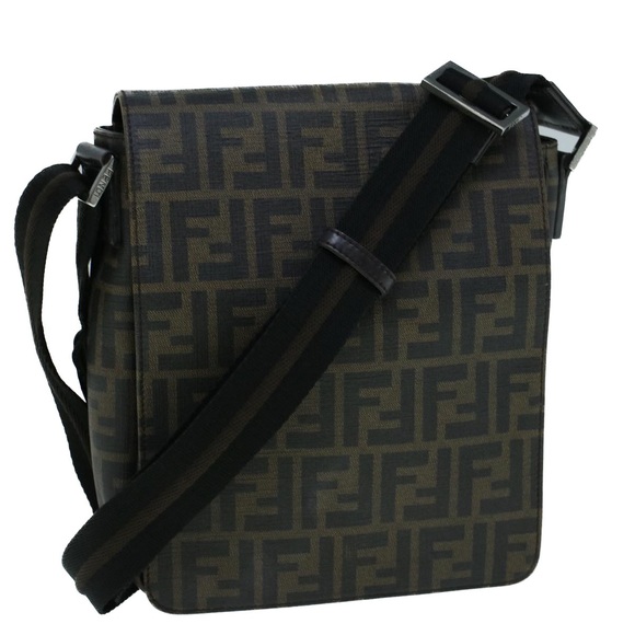 FENDI Zucca Canvas Shoulder Bag Black Brown Auth yk9104